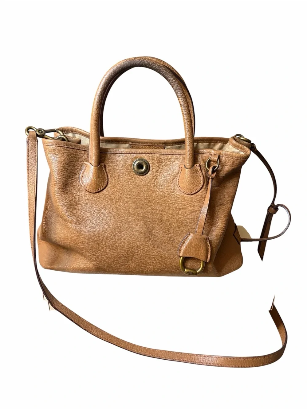 Leather Lauren Ralph Lauren, Satchel Handbag in Cognac Tan with Detachable Strap